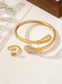 Set de 2 piezas de brazalete y anillo con diseño de serpiente de strass de lujo para mujeres, adecuado para eventos nocturnos o citas