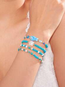 4 件套可爱卡通贝壳和鱼装饰弹性手链套装，适合女性日常、沙滩、购物装