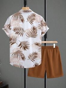 Men's Casual Set With Short Sleeve Shirt And Printed Shorts - 棕色 - 查看 2