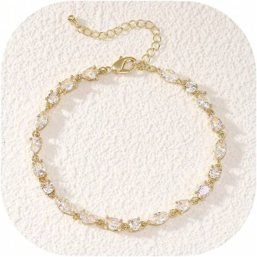 Crysdue Wedding Bridal Link Bracelet Brides Bridesmaids, Marquise Cubic Zirconia Tennis Bracelets Women Prom Jewelry - H_CZ,黃金 - 查看 1