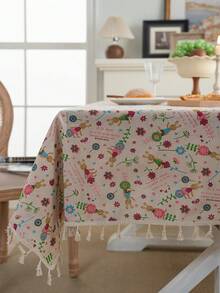 MeijiaMo 1 pièce Nappe rectangulaire imprimée de lapins et de fleurs, tapis de décoration bohème décontracté en polyester avec franges, anti-poussière pour salle à manger, cuisine, hôtel, chambre, fête, table ronde