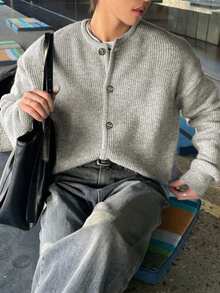 男女款休闲宽松罗纹圆领长袖开衫，简约风格，秋冬 - 灰色 - 查看 3