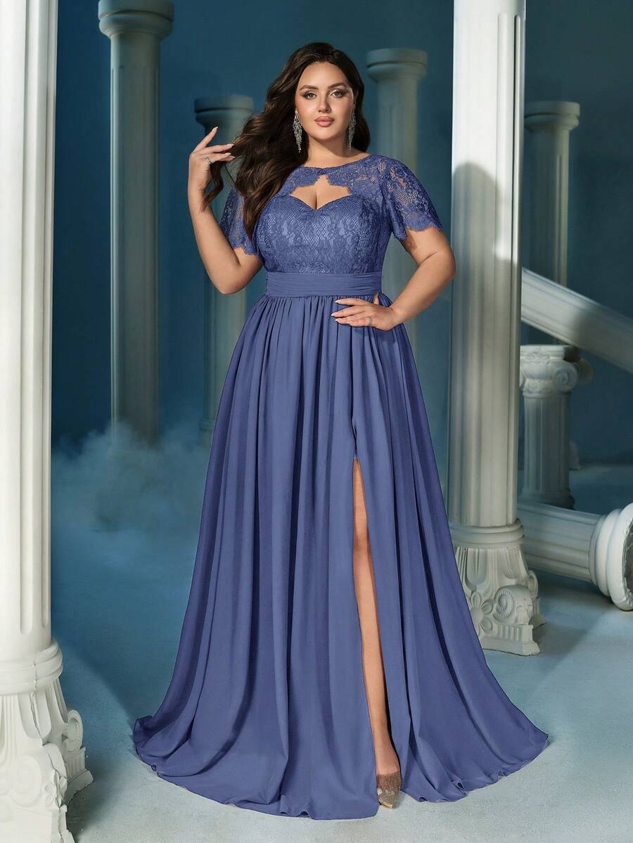 QOQ 优雅大码伴娘礼服 女士正式场合礼服 婚礼宾客纯色拼接蕾丝短袖婚纱 - 霧霾藍 - 查看 1