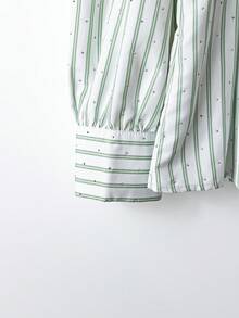 Women's Rhinestone Striped Long Sleeve Fitted Business Casual Blouse, Autumn/Winter - Green and White - View 6