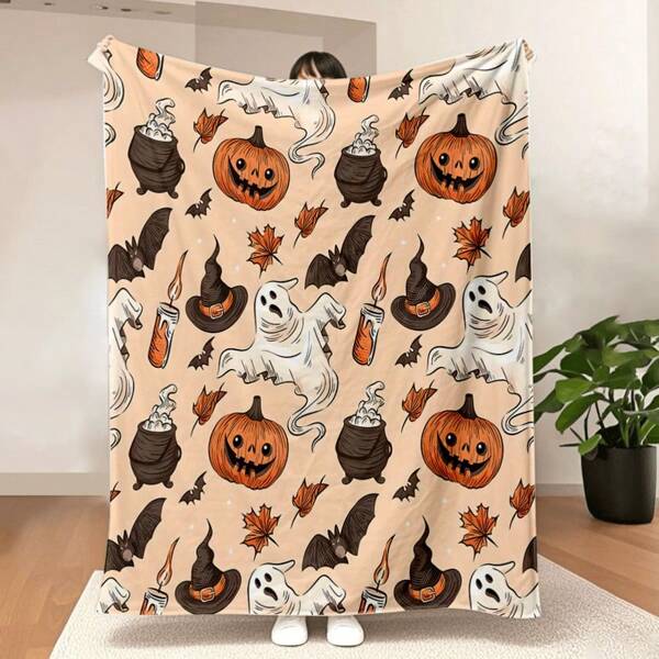 Halloween Blanket - Pumpkin Ghost Pattern, Orange Decorative Flannel Blanket - Suitable For Sofa, Bed, Office, Travel, Perfect Halloween Party Gift, Holiday Cozy Style, Durable Soft And Comfortable