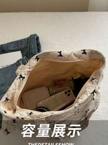 1 Fashionable Contrasting Color Bow Printed Shoulder Bag, Simple And Lightweight, Multiple Pockets, Single Shoulder Tote Bag