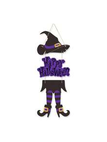 1pc Halloween Happy Sign Decoration Witch Legs Hat Hanging Wooden Wall Decor Version Rustic Front Door Hanger Fall Art Ornament For Home Room Indoor Outdoor Holiday Party - Multicolor - View 8