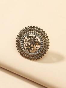 1 件波西米亚风格夸张复古水钻花朵开口戒指 - 金黃色 - 查看 2