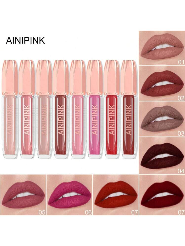 AINIPINK 8pcs Matte Lipstick, Easy To Color, Lip Gloss, Waterproof