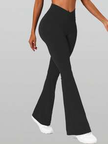 Flare Leggings, Crossover Yoga Pants With Tummy Control, High-Waisted And Wide Leg,Women's High Waist Solid Color Flared Pants Sports Yoga Pants Compression Leggings Running Fitness Pants, Women's Clothing, Women's Leggings, Women's  TrousersIt Is Suitable For Outdoor Sports, Indoor Yoga And Street Shopping - 黑色 - 查看 2