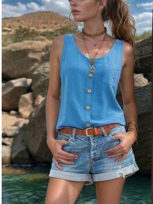 Askili 纽扣式亚麻衬衫，纯色休闲前纽扣口袋