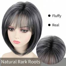 MGrey Medium Length Bob Wig With Bangs Layered Straight Hair Wigs For Women Salt Pepper Wig With Dark Roots Natural Dark Grey Daily Hairstyle Lightweight Hair Replacement Wig8001 - 漸變灰色 - 查看 4