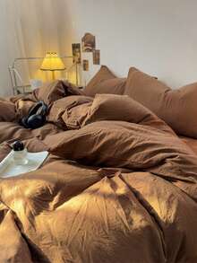 3pcs Solid Color Washed 100% Cotton Soft Bedding Set - Brown - View 5
