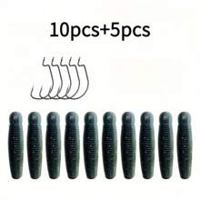 15 件曲柄钩和诱饵双色土豆蝇蛹软饵远距离慢沉软虫人工饵户外钓鱼，适用于大嘴鲈鱼