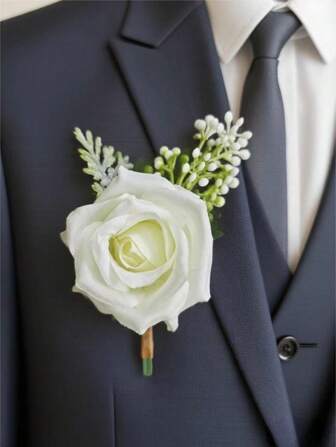 6pcs Champagne Rose With Orange Daisy Faux Floral Boutonniere, Suitable For Groom, Bride, Wedding Decoration, Banquet, Party, Events