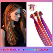 50pcs Mixed Color Rainbow Hair Extensions 50.8 Cm Rainbow Color Synthetic Hair Extensions Long Colored With Beads And Loop Tool For Hair Extension For Women Girls DIY Kit Holiday Party Use - Two-Tone - View 6