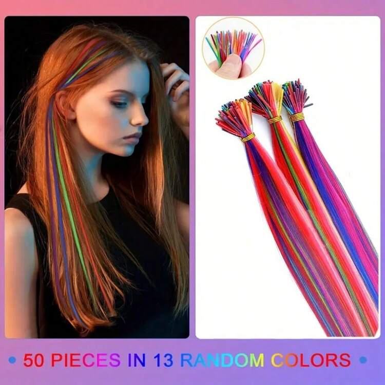 50pcs Mixed Color Rainbow Hair Extensions 50.8 Cm Rainbow Color Synthetic Hair Extensions Long Colored With Beads And Loop Tool For Hair Extension For Women Girls DIY Kit Holiday Party Use - Two-Tone - View 5