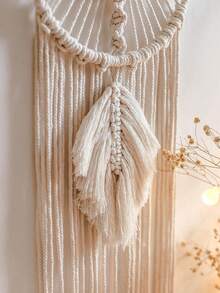 1 chiếc đồ trang trí treo tường dệt thủ công, kiểu Boho, có tua rua, dùng để trang trí nhà cửa, căn hộ, quà tặng tân gia hoàn hảo, trang trí phòng tập yoga và thiền (không bao gồm đèn) - Màu be - Xem 4