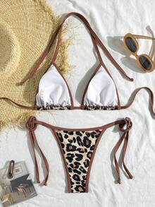 女士露背豹纹拼接比基尼套装（上衣和下装），休闲夏季