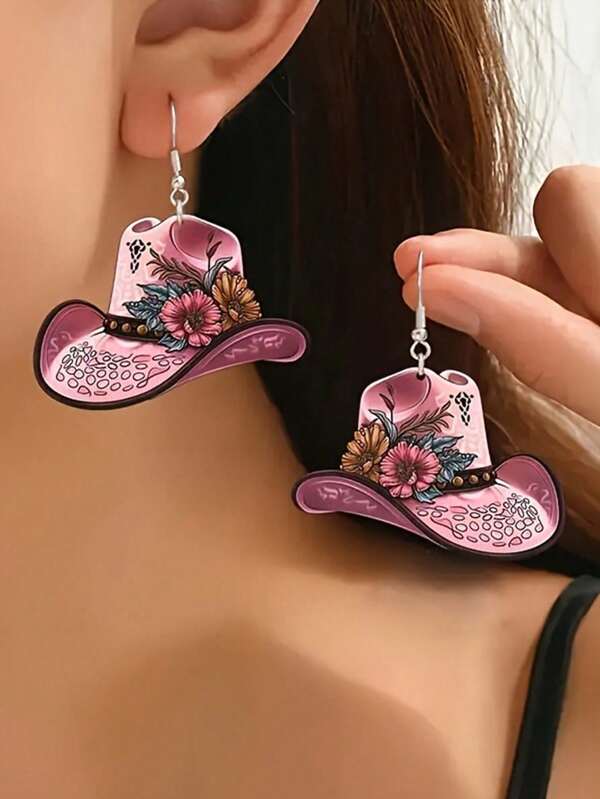 2 stuks acryl cartoon cowgirl hoedvormige oorbellen, geschikt voor dagelijks gebruik door vrouwen