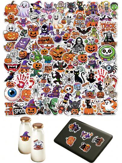 100/200 pièces Autocollants thème citrouille d'Halloween, autocollants de fête imperméables en vinyle, pour cadeaux de fête, décoration d'Halloween, décoration de maison, bouteilles d'eau, ordinateurs portables, tasses