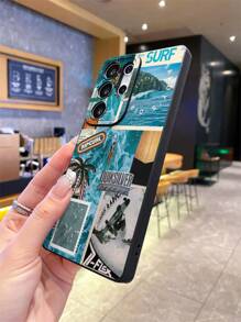 1 件时尚创意波浪和棕榈树插图，游泳字母彩色印花，黑色哑光纹理 TPU 材质防震手机壳，适合作为送给男朋友/女朋友的礼物，兼容三星、OPPO、Vivo 和其他 Android 手机 - 彩色 - 查看 6