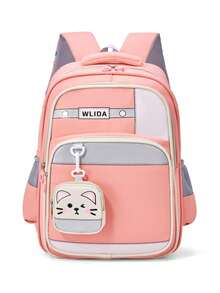 1个可爱水鼠图案撞色背包，适合青少年。大容量活泼学生背包，多口袋设计。时尚背包。实用手提包。个性化轻便背包 - 西瓜粉 - 查看 3