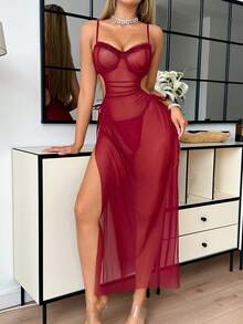 2 件套全新网状透明钢圈性感内衣套装，含镂空腰部、吊带背心和短裤 - 酒紅色 - 查看 5