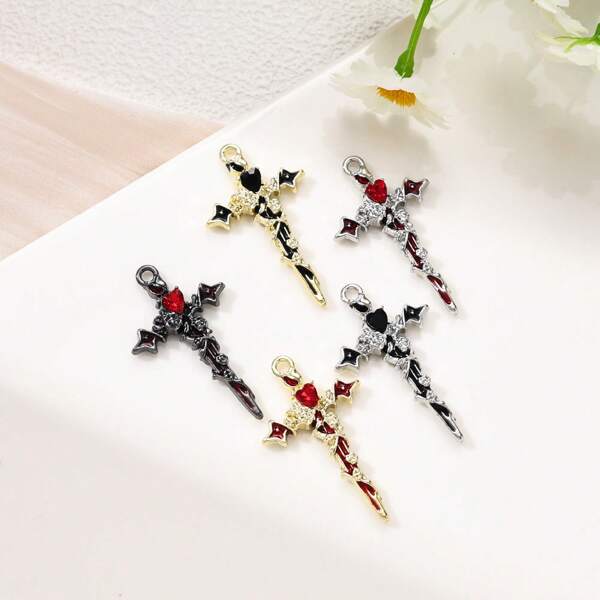 5pcs Gold Silver Rhinestone Pendants, Cross DIY Accessories, Suitable For Making Bracelets, Necklaces, Earrings, Keychain Materials