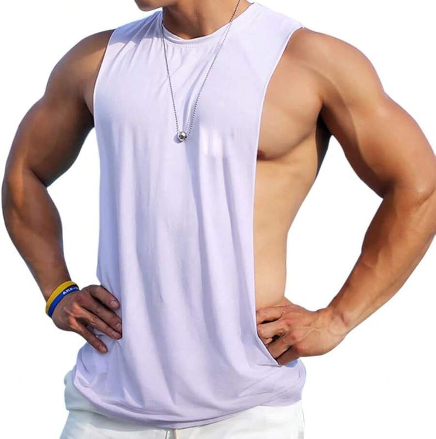 Camiseta de tirantes sin mangas para hombre, tipo musculosa, con aberturas, para entrenamiento en el gimnasio y culturismo - 2025 - Blanco - Ver 1