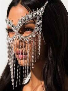 1pc Multi-Layer Rhinestone Decorated Tassel Mask, Luxury Party Accessory For Women,Halloween - Silver - View 1
