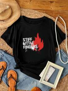 180g Pure Cotton Stiff Little Fingers Graffiti T Shirt Summer Print Round Neck Short Sleeve Versatile Slightly Top For Everyday Wear Stretched Unisex Streetwear Fashion For Women Casual Stylish Soft Designer Clothes Breathable Comfortable Graphic