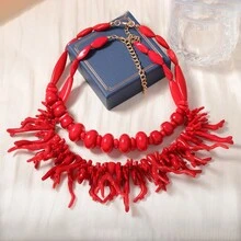 PHCOO 2pcs Bohemian Style Red Coral Asymmetrical Geometric Beaded Necklace Set, Multi-Layer Resin Coral Necklace, Handmade Coral Beaded Choker Necklace For Women, Summer - Multicolor - View 9