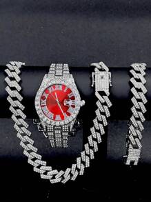 Luxury Alloy Men's Quartz Watch, With Rhinestone Rhinestone Crystal And Date, Paired With A Hip-Hop Cuban Necklace And Bracelet Set