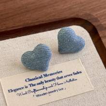 1 件复古面料牛仔蓝心形耳钉，简约优雅百搭耳环，韩式风格