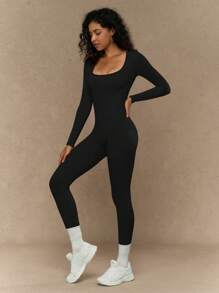 Yefecy Långärmade yogajumpsuits för kvinnor, ribbade träningsbodys med byxor, fyrkantig halsringning, koncisa shapewear-bodys - Svart - Visa 4