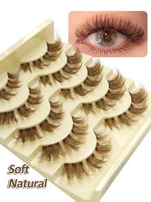 Rikuaild 5 Pairs Cartoon Style False Eyelashes, Brown, Anime Style, Natural Fluffy Soft Brown Lash Extension, Transparent Band Tail, Cat Eye Shape, Reusable, DIY Natural Lashes - Cat eye Lashes - View 3