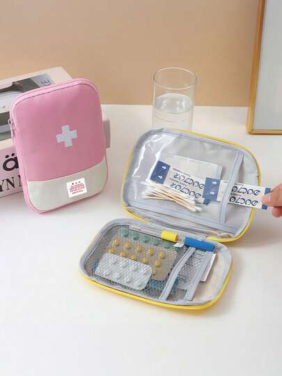 便携式旅行居家药品收纳包，包含小型药袋、储物袋、便捷药盒、带网状隔层的大容量钱包、大型双拉链洗漱包，多隔层设计，男女通用，适合短途旅行、返校季，防水
