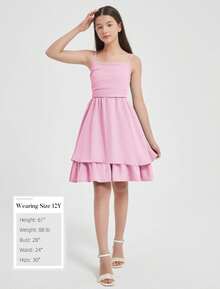 EXARUS Vestido corto informal de verano con tirantes finos ajustables y fruncido con dobladillo abullonado para niñas - Rosa - Ver 5