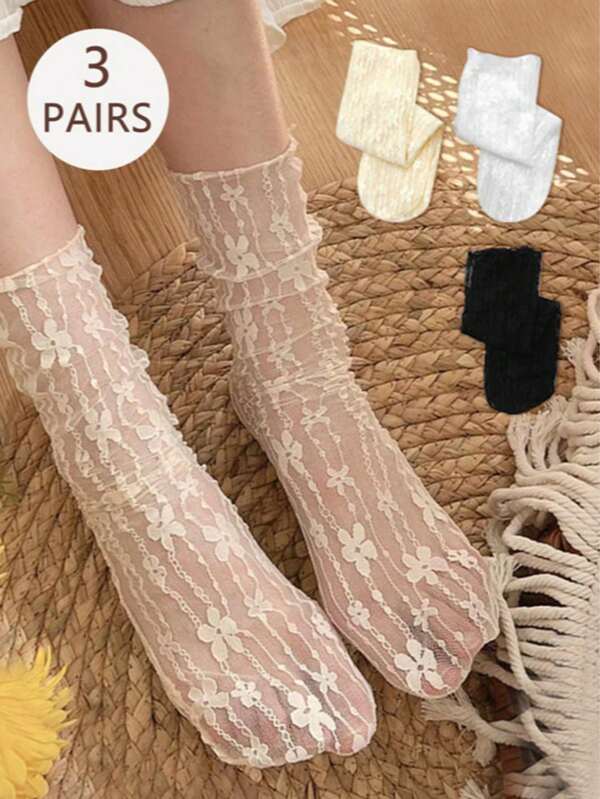 3 pares de meias femininas de cor sólida, meias de malha transparente com renda até o tornozelo, adequadas para uso diário, festas e baladas