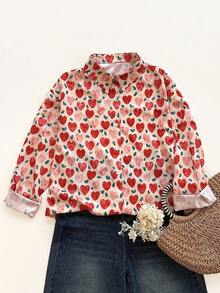 Women's Heart & Strawberry Print Button-Down Long Sleeve Shirt, Casual And Lovely For Outings - Multicolor - View 3