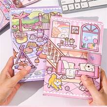 Juego de casa de muñecas de papel para armar DIY, diseño caricatura encantadora de una niña en su rutina diaria con pegatinas de vestimenta y manualidad con materiales pre-cortados. Perfecto para descompresión sensorial, actividades creativas y album de recortes. - casa de muñecas de papel rosa - Ver 6