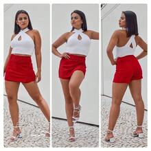 Women's Short Skirt With Lined Belt, Side Slit, High Waist, Short Crepe Knit - Đỏ - Xem 5