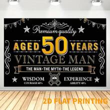 2D 1pc New Year Men's Happy 50th Birthday Banner Decor, Black & Gold Vintage 50 Years Old Birthday Backdrop Sign Party Supplies, 50th Birthday Party Photo Background Poster