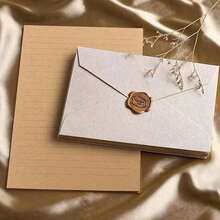 16pcs Vintage Stationery Set, Including 3pcs Linen Texture Envelopes, 10pcs Kraft Paper, 3pcs Thankyou Stamp Stickers, Suitable For Making Invitations, Thank You Cards, Love Letters, Mother's Day Gifts - Apricot - View 1