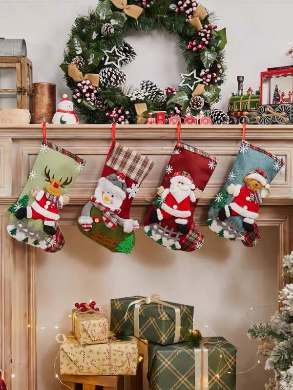 4pcs Elegant Christmas Decorative Stocking Ornaments - Santa Claus, Snowman, Reindeer Christmas Characters Design, High Quality Fabric, Holiday Decoration, Suitable For Christmas Gift Bags, Decorative Candy Bags, Jewelry Bags, Room Decoration, Theme Party Decoration, Christmas Decoration, Bedroom, Office, Yard, Corridor, Scene And Christmas Decoration, Thanksgiving, Christmas Wreath, Warm Holiday Style, A Good Choice For Gift Giving.