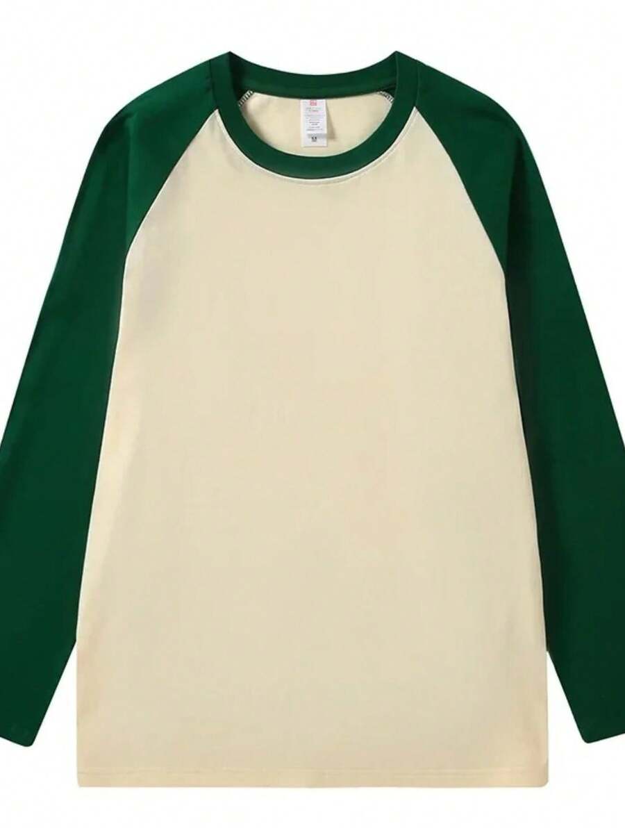 Raglan Long Sleeve T-Shirt 100% Cotton From S To Plus Size G3 - 香檳色/深綠色 - 查看 1
