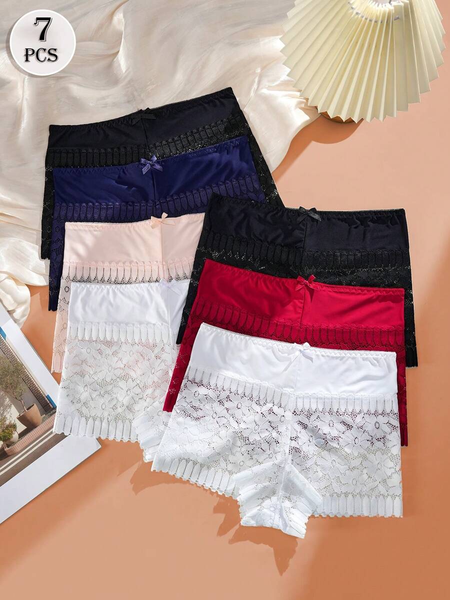 7 szt. seksownych, wyciętych kokardek w połowie talii, damskie, płaskie, kątowe majtki, dojrzałe, urocze, retro, romantyczne, francuskie, lekkie, miękkie, swobodne i wygodne, całoroczne, odpowiednie do domu, na zewnątrz, na wędrówki i na prezent