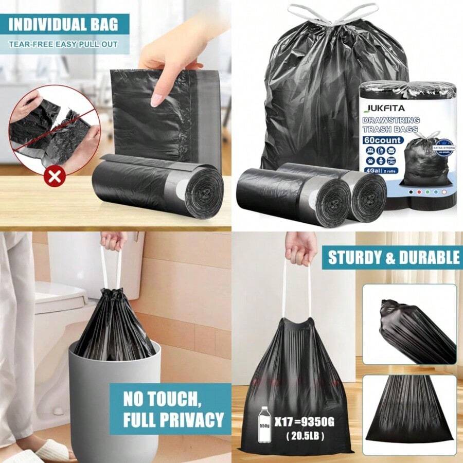 Small Trash Bags Bathroom 4 Gallon Trash Bags Drawstring TearFree Trash Bags Unscented 60 Count