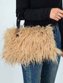 Furry Shoulder Bag For Women Fuzzy Faux Fur Large Tote Handbag Cute Soft Fluffy Purse Tote Bag For Women, Lightweight Puffy Tote Bag With Compartments Quilted Shoulder Bag  Furry Purse Fluffy Tote Bags For Women Winter Faux Fur Bag Fuzzy Purses And Handbags - 卡其色 - 查看 3